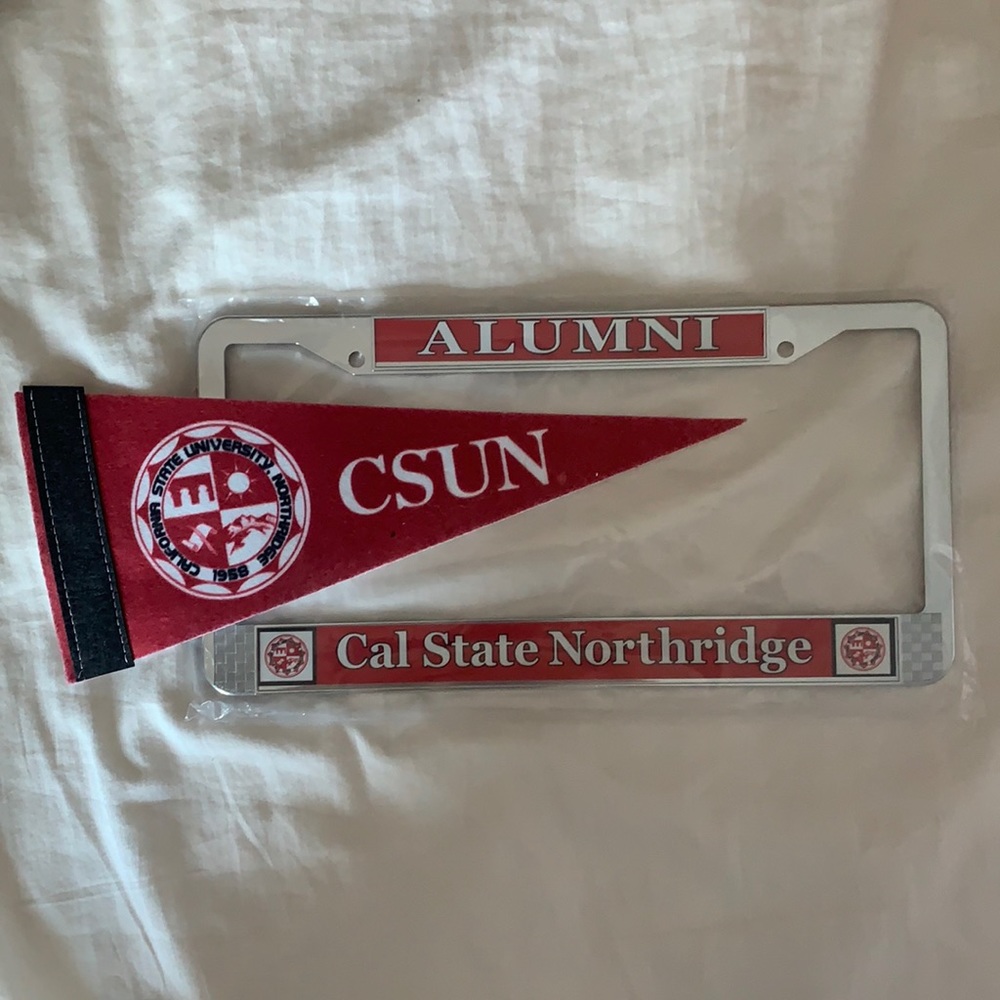 CSUN alumni license plate frame and flag